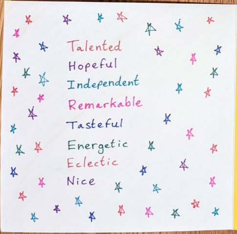 KK's 13th birthday card acrostic. THIRTEEN. Talented. Hopeful. Independent. Remarkable. Tasteful. Energetic. Eclectic. Nice.